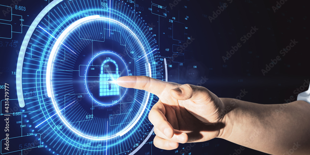 Poster cyber protection concept with man finger on touch screen with digital lock sign on statistic numbers