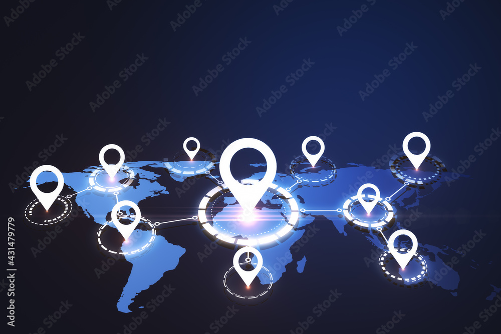 Poster globalization and geo location concept with glowing white pinpoints over world continents connected 