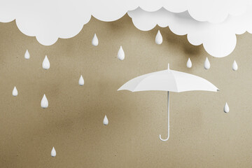 Stylish white umbrella with white clouds and glossy rain drops on abstract beige background, business protection and safety concept © Who is Danny