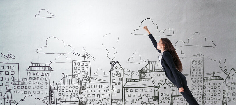 Businesswoman standing in a confident pose with the city street hand-drawn sketch with multiple buildings and flats in the background. Future success and confidence concept