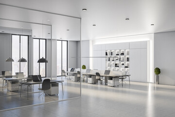 Modern spacious coworking office hall with stylish interior design, light walls, glossy floor, huge...