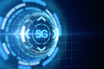 High speed internet connection concept with digital technology button with 5G inscription on abstract dark background