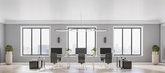 Front view on modern open space office with stylish decor elements, black furniture, flowerpots on parquet floor and big windows