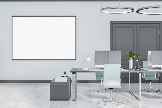 Blank white poster on light grey wall in stylish office with minimalistic interior design, stylish workspaces and marble floor. 3D rendering, mockup