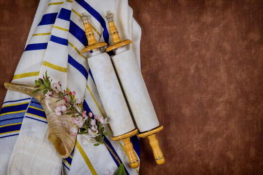 Day of jewish holidays symbols prayer shawl tallit, prayer torah scroll book