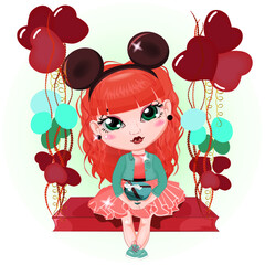 Portrait of a cute little girl on a swing with balloons. A girl holding a heart-shaped gift box on her knees