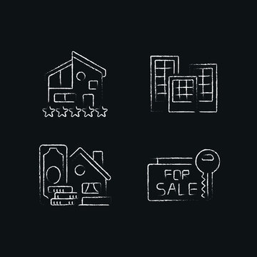 House for sale chalk icons set. Real estate. Black silhouette symbol. Vector isolated illustration