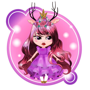 Portrait of a cute princess girl with deer horns on her head in a festive dress. Teenage girl dressed as a deer beast. Sticker beautiful little queen on a lilac background