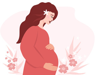 A beautiful pregnant woman in profile in a long dress holds a large belly with her hands. Female in anticipation of the birth of a child. Vector graphics. The concept of motherhood, love, harmony.