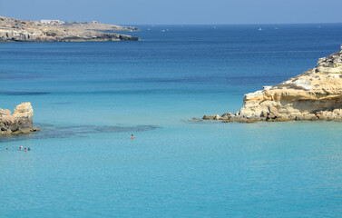 Transparent and blue water in the sea of Lampedusa at the Rabbits beach. The Pelagie Islands are the southernmost point of Italy in Sicily.