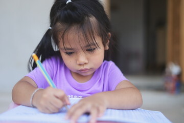 Naklejka premium A cute Asian girl doing homework in her home during the day.