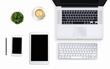 Modern workspace with coffee cup, smartphone, paper, notebook, tablet and laptop copy space on white color background. Top view. Flat lay style