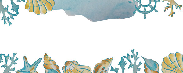 Watercolour border of marine life.