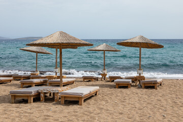View of the sandy Soros Beach, Antiparos island, Greece.