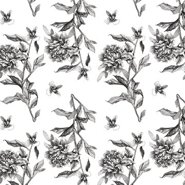 Monochrome black and white endless seamless pattern outline flowers peony. Design for textiles, wallpapers, home decoration, fabrics, packaking, wrapping