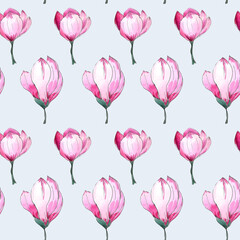 Watercolor illustration. Seamless pattern of pink magnolia flowers on a light blue background