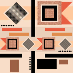 Fototapeta na wymiar Geometric pattern with fabric texture. Black, orange shapes. Abstract art.