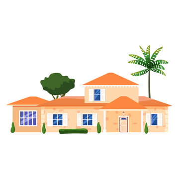 Mansion Residential Home Building, tropic trees, palms. House exterior facades front view architecture family modern contemporary cottage house or apartments, villa. Suburban property