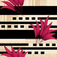 Geometric print, with tropical leaves, shapes and black lines. linen texture and fabric background.