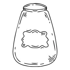 Vector set of doodle style jars of different shapes and sizes. Black jars with labels.