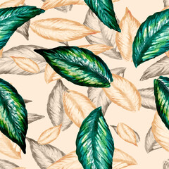 Tropical leaves pattern, in watercolor. beige background.