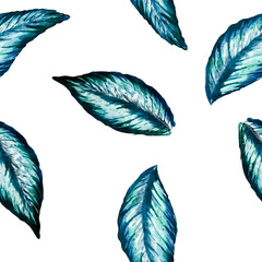 Tropical leaves pattern, in watercolor. White background. isolated