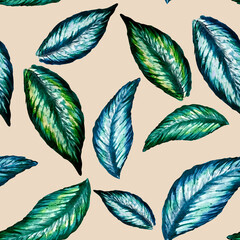 
Foliage pattern. tropical leaves, beige background.