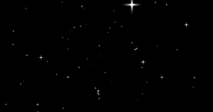 White stars twinkle on a black background. Blurred stars, bokeh effect. Stars appear and disappear. Unfocused effect. Horizontal composition, 4k video quality