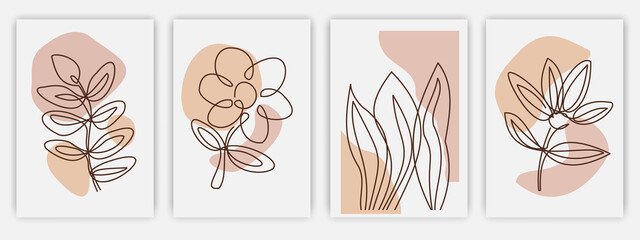 Set of art Abstract colored social media covers, botanical flowers, leaves and plants.