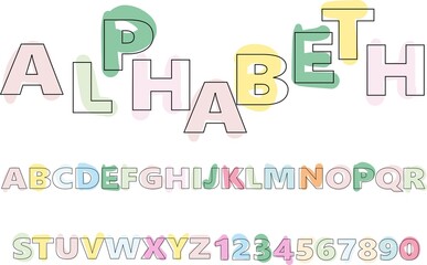 Hand-drawn alphabet in a crude, primitive style random pastel colors. Simple vector illustration