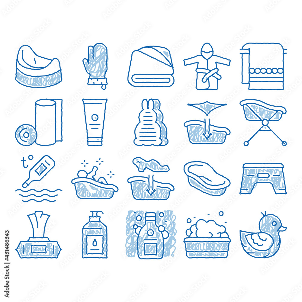 Sticker Bathing Baby Tool icon hand drawn illustration