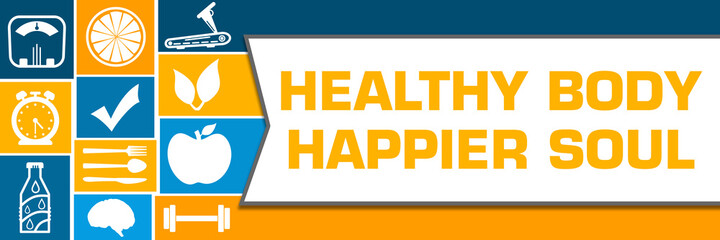 Healthy Body Happier Soul Blue Orange Health Symbols Grid Left White Horizontal 