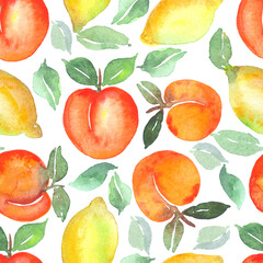 Watercolor summer fruits background . Seamless hand drawn pattern