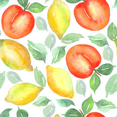Watercolor summer fruits background . Seamless hand drawn pattern