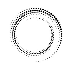 Circular dot frame. Circle border with effect halftone. Modern faded ring. Semitone shape round. Point sphere boarder. Dotted geometric pattern. Graphic small dots element for design prints. Vector