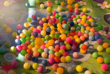 Colorful ping pong balls in a slot machine in the park fly in different directions