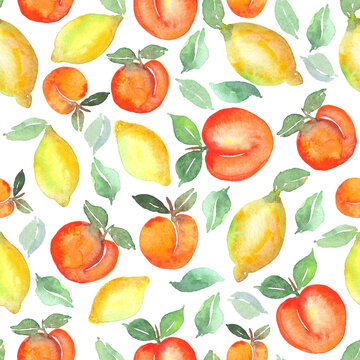 Watercolor summer fruits background . Seamless hand drawn pattern