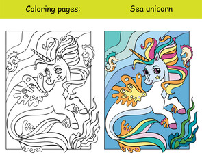 Cute sea unicorn coloring vector and template