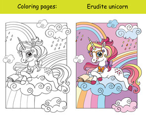 Cute unicorn reading a book coloring vector and template © alinart