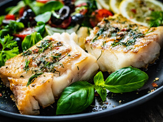 Fish dish - fried cod fillet with fresh vegetable salad on wooden table

