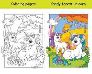 Cute unicorns in the autumn forest coloring