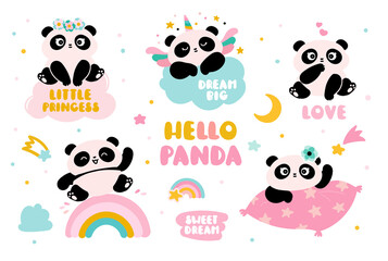 Cute panda set. Panda on a rainbow, on a cloud and a pillow. animals collection for sleeping.