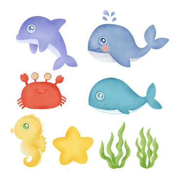 Watercolor Collection of hand drawn underwater animals