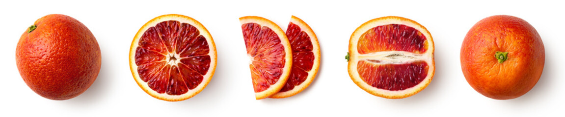 Whole, half and sliced red blood orange fruit