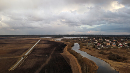 Top view of landscape with fields and meadows