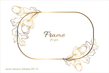 Gold frame. Invitation card with golden oak branches. Gold contour geometric oval frame. Vector. White background.