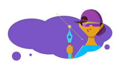 Boy with a pen tool in his hand. Illustration in cartoon style