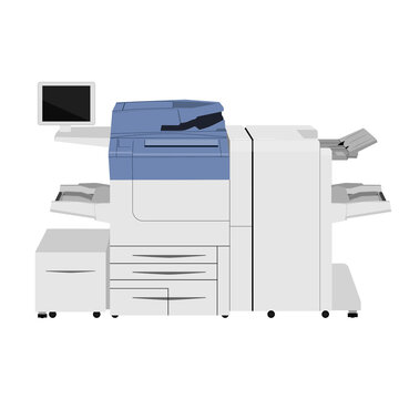 Office multifunction printer scanner. Copier paper isolated on background.