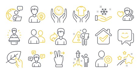Set of People icons, such as Man love, Conversation messages, Share symbols. Smile face, Freezing, Organic tested signs. Hold t-shirt, Security, Users. Brand ambassador, Person idea. Vector