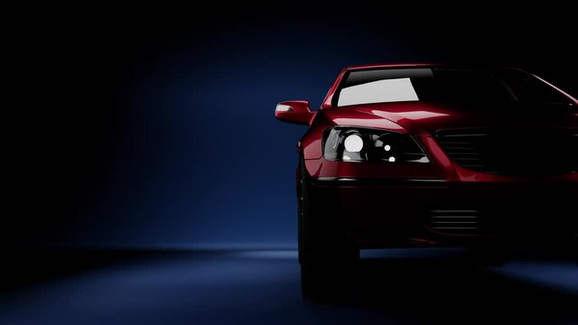 3d visualization red car on the side in the dark on a background